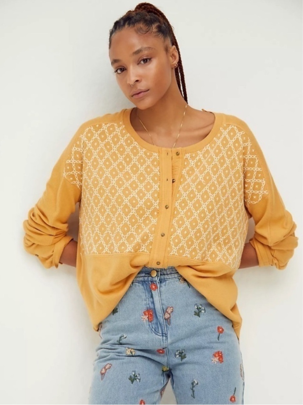 Free People We The Free Free Spirit Henley Tunic Mustard Yellow Embroidered M